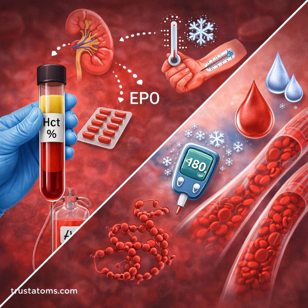 Split diagram showing factors affecting hematocrit levels and blood viscosity including hydration, temperature, and red blood cell concentration.