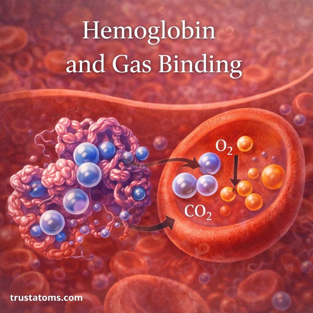 Illustration showing hemoglobin binding oxygen and carbon dioxide within red blood cells.
