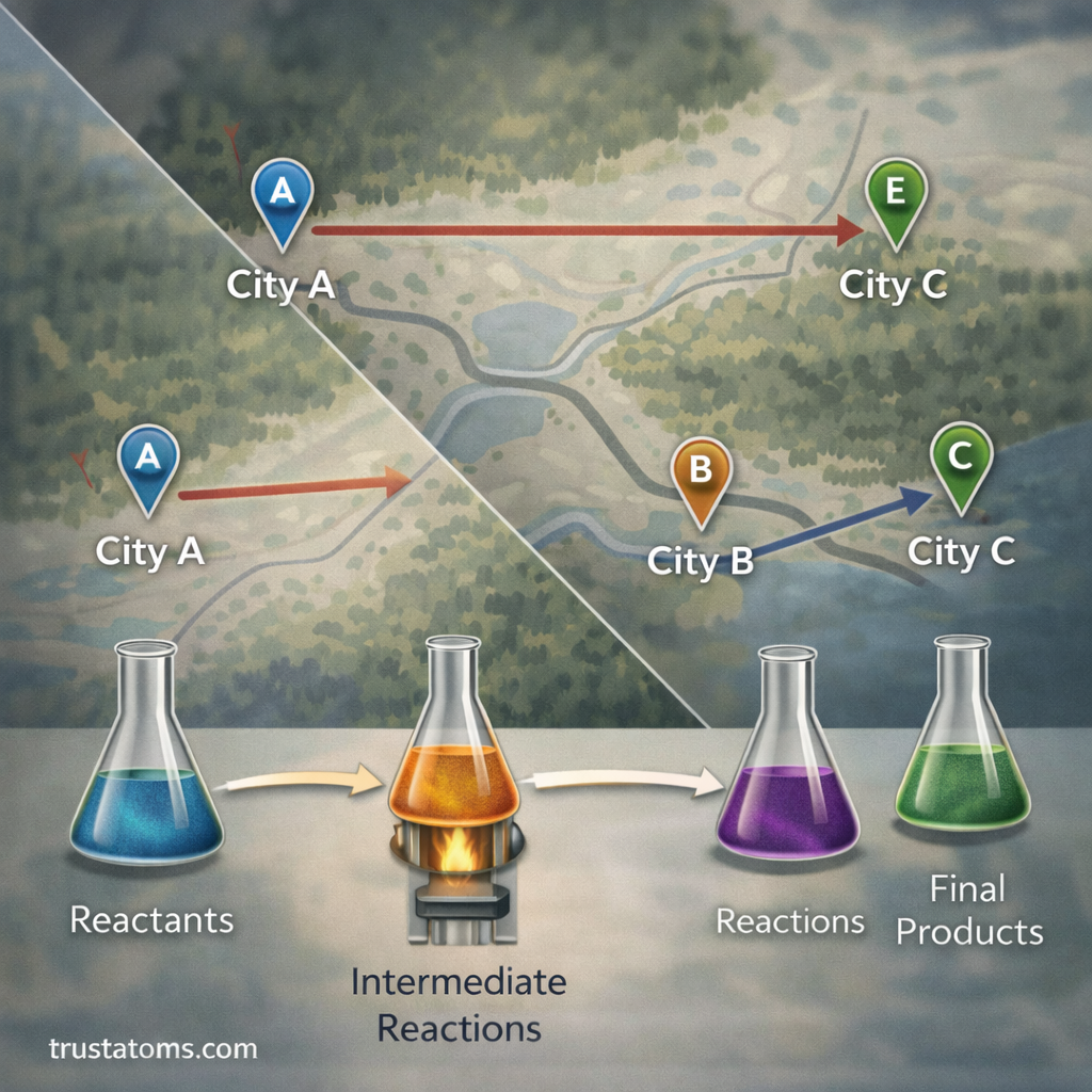 Split illustration showing two different reaction pathways leading to the same final products, demonstrating the concept behind Hess’s Law in thermochemical calculations.