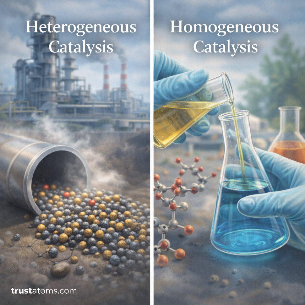 Split illustration showing heterogeneous catalysis with solid catalyst beads in an industrial pipe and homogeneous catalysis with liquid chemicals reacting in laboratory flasks.