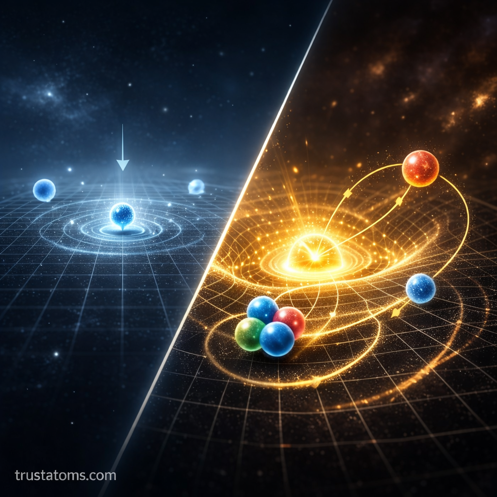 Diagonal split illustration showing symmetry breaking in the early universe and particles gaining mass through interaction with the Higgs field.