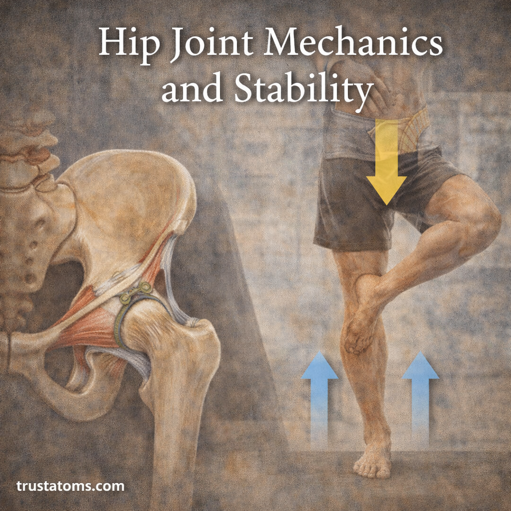 Illustration of the hip joint showing anatomy and load distribution during single-leg balance.