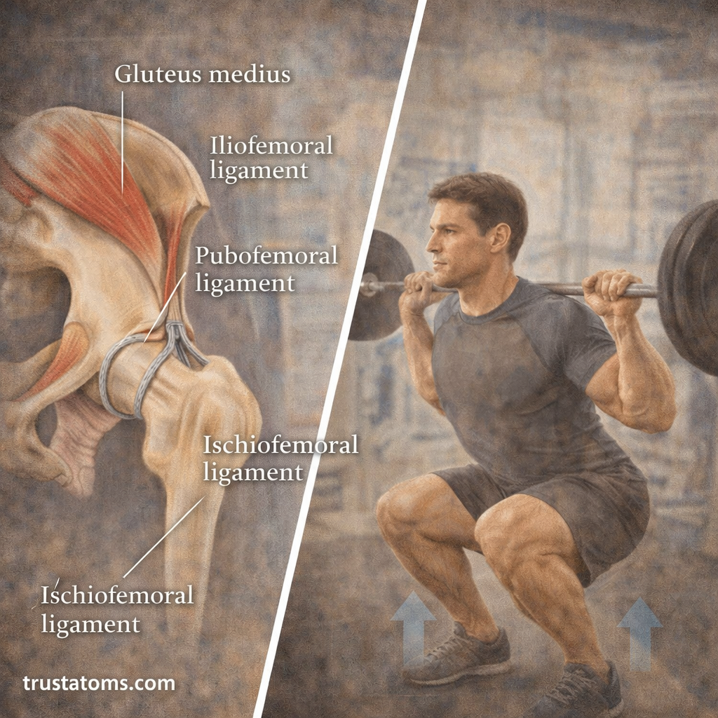 Split illustration showing hip ligaments anatomy and hip mechanics during a barbell squat.