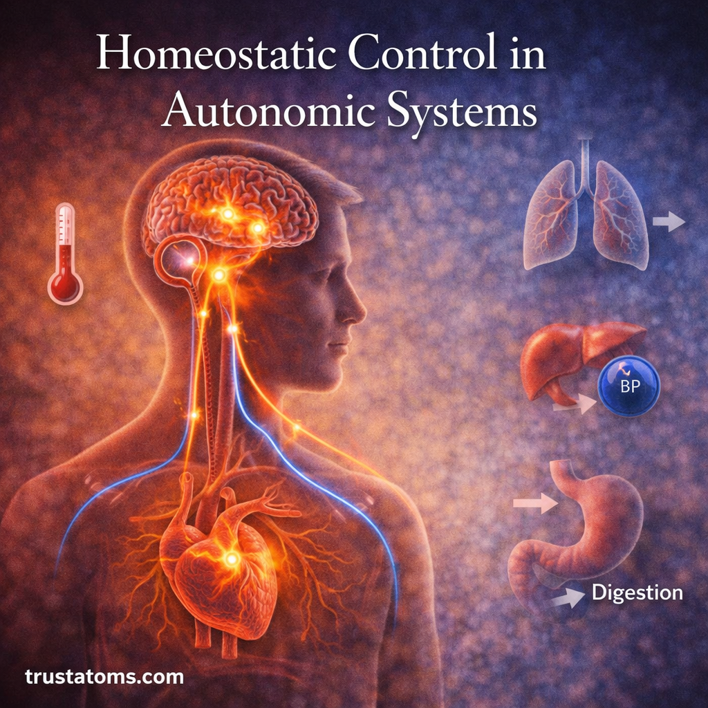 Illustration of autonomic nervous system controlling homeostasis including brain, heart, lungs, digestion, and blood pressure regulation.