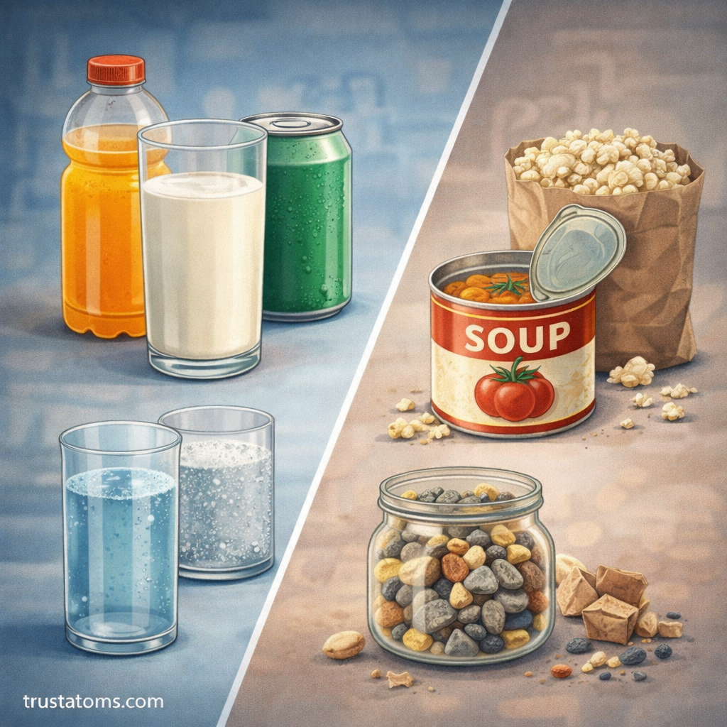 Illustration showing homogeneous mixtures like milk, soda, and juice contrasted with heterogeneous mixtures such as popcorn, soup, and mixed stones.