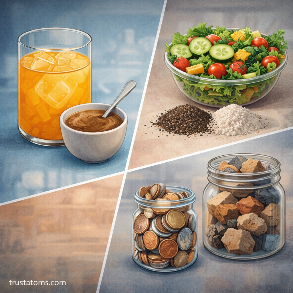 Illustration comparing homogeneous and heterogeneous mixtures with examples including orange juice, coffee, salad, salt and pepper, coins, and rocks in jars.
