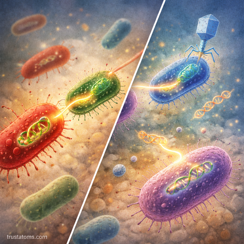 Split diagram illustrating bacterial horizontal gene transfer mechanisms including conjugation between cells and bacteriophage-mediated transduction.