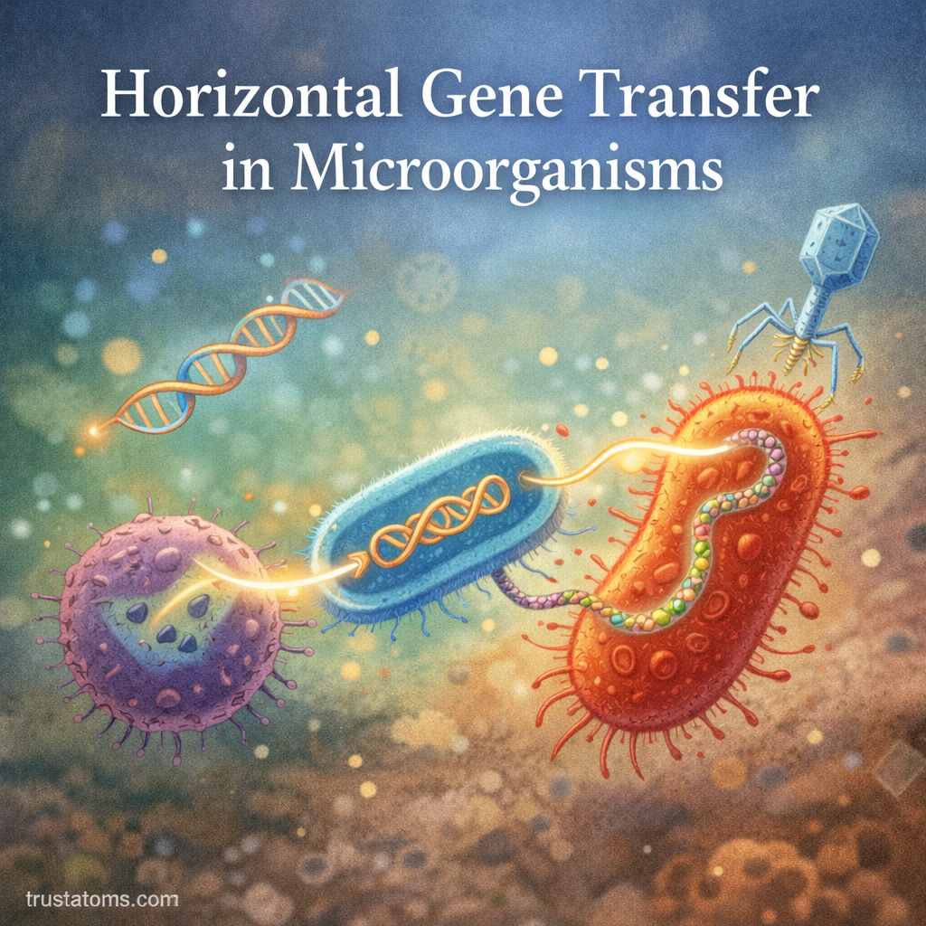 Educational illustration showing horizontal gene transfer between bacteria with DNA strands, bacteriophage virus, and microbial cells exchanging genetic material.