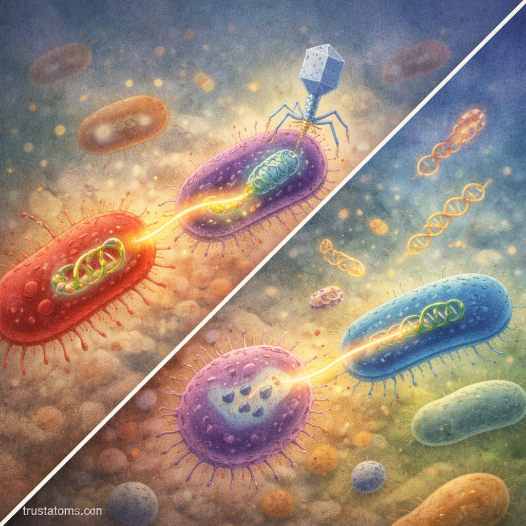 Split diagram illustration showing mechanisms of horizontal gene transfer in bacteria including conjugation, transformation, and viral transduction.