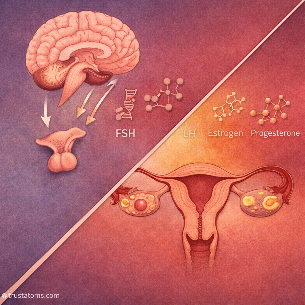 Illustration showing hormonal control between the brain, pituitary gland, and ovaries in the menstrual cycle.
