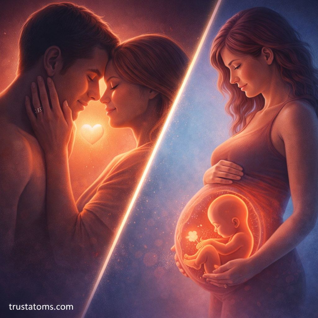 Split illustration showing hormonal influence in relationships and pregnancy with a couple and a developing fetus.