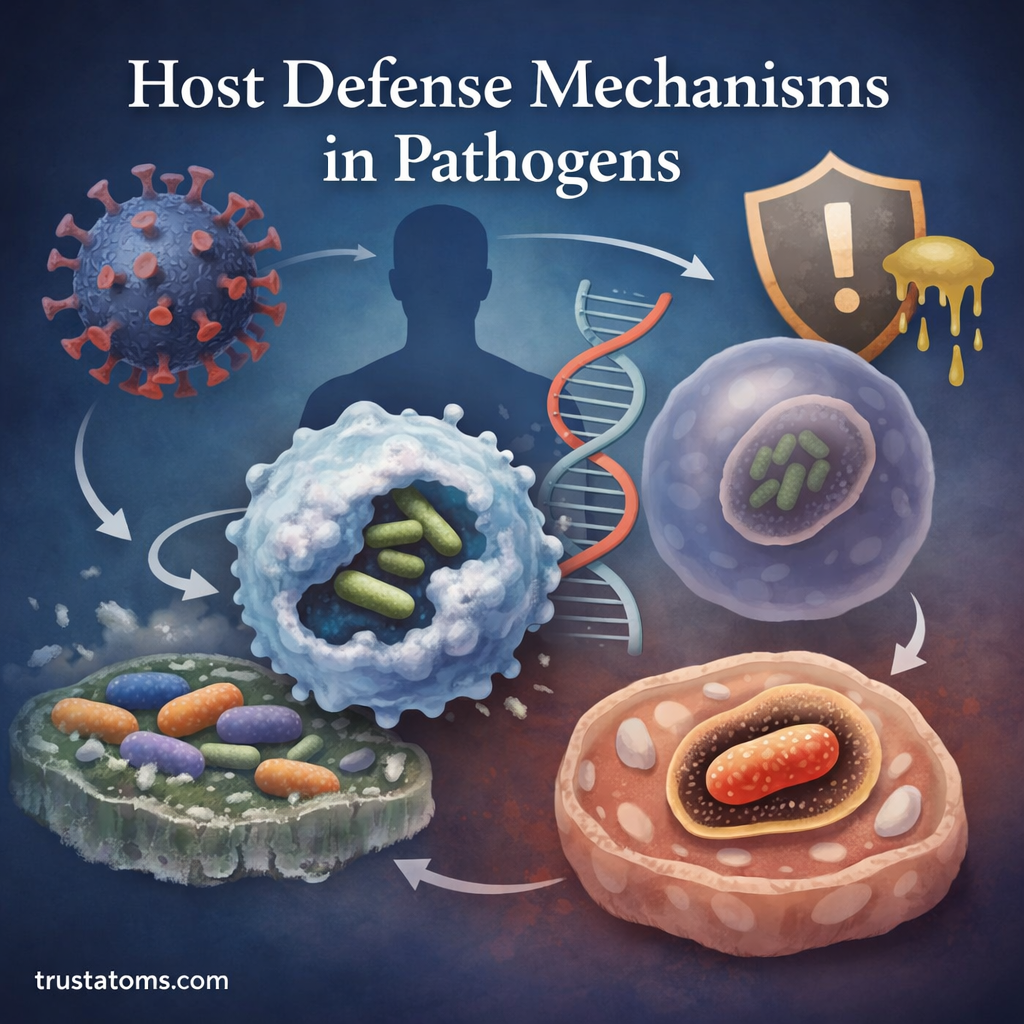 Illustrated biology diagram showing pathogens using defense strategies such as immune evasion, intracellular survival, and biofilm protection against the host immune system.