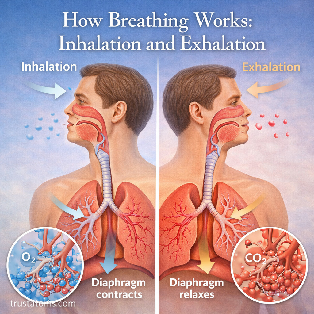 Diagram showing inhalation and exhalation with airflow into the lungs, diaphragm movement, and oxygen and carbon dioxide exchange in the alveoli.