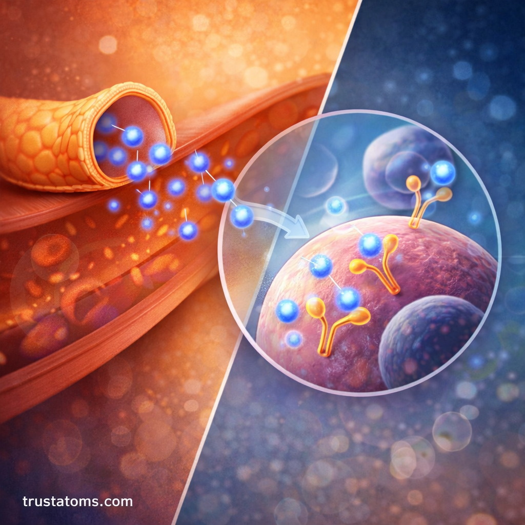 Split illustration showing hormones released into the bloodstream and binding to receptors on target cells.