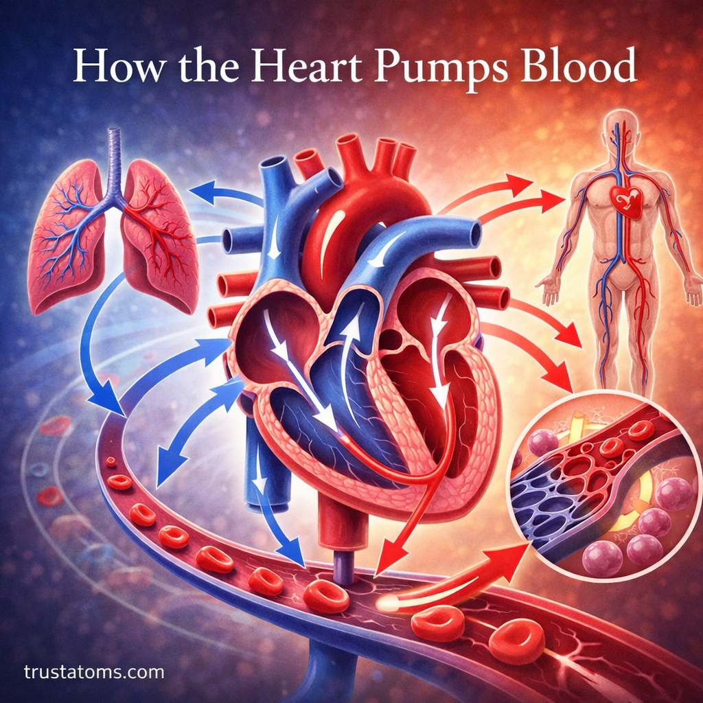 Illustration showing how the heart pumps blood through the lungs and body with arrows indicating blood flow pathways.