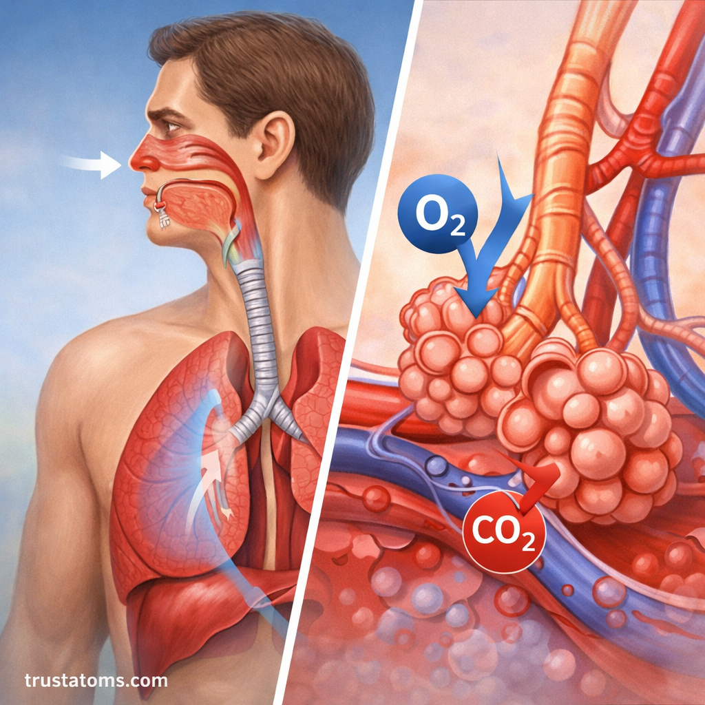 Split diagram showing inhalation process on one side and alveoli gas exchange with oxygen entering and carbon dioxide leaving the bloodstream.