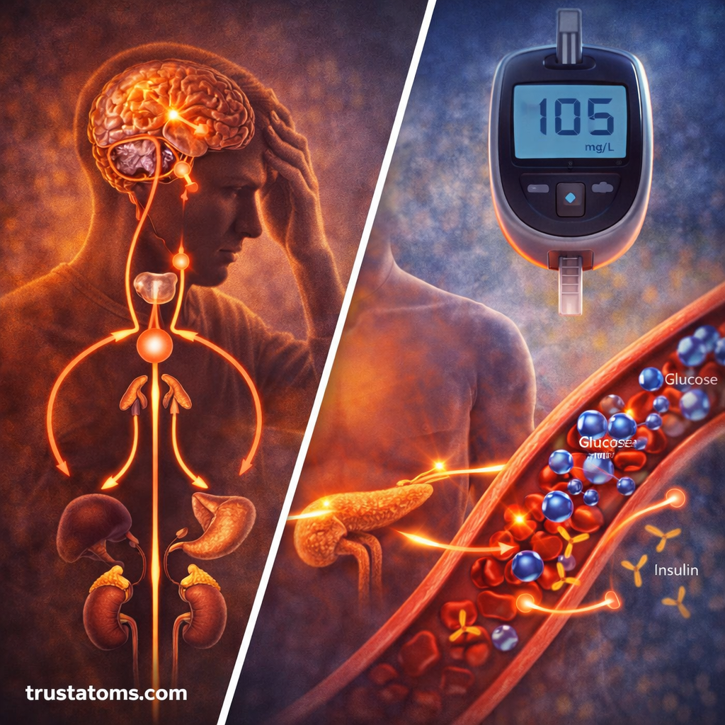 Split illustration showing stress response through the HPA axis and blood glucose regulation by the pancreas and insulin.
