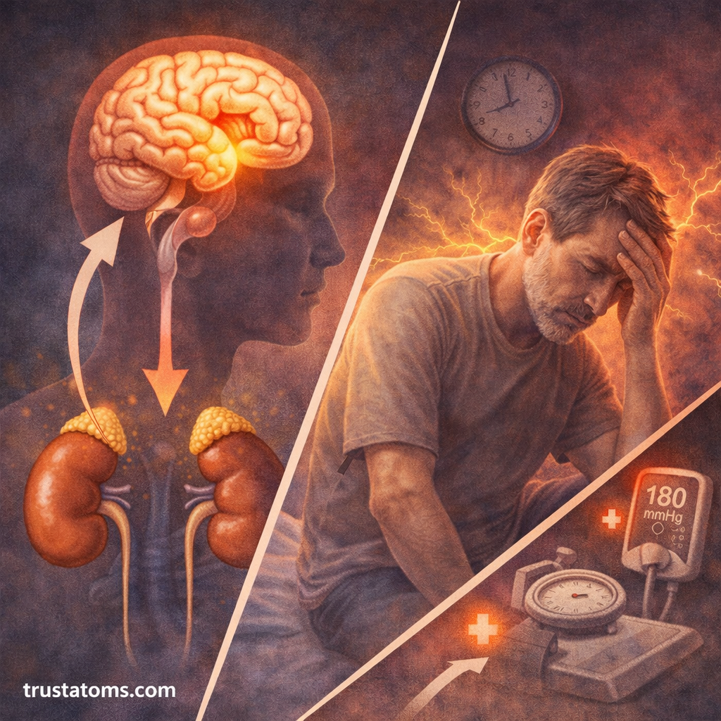 Split illustration showing the HPA axis connecting the brain and adrenal glands alongside effects of chronic stress like fatigue and high blood pressure.
