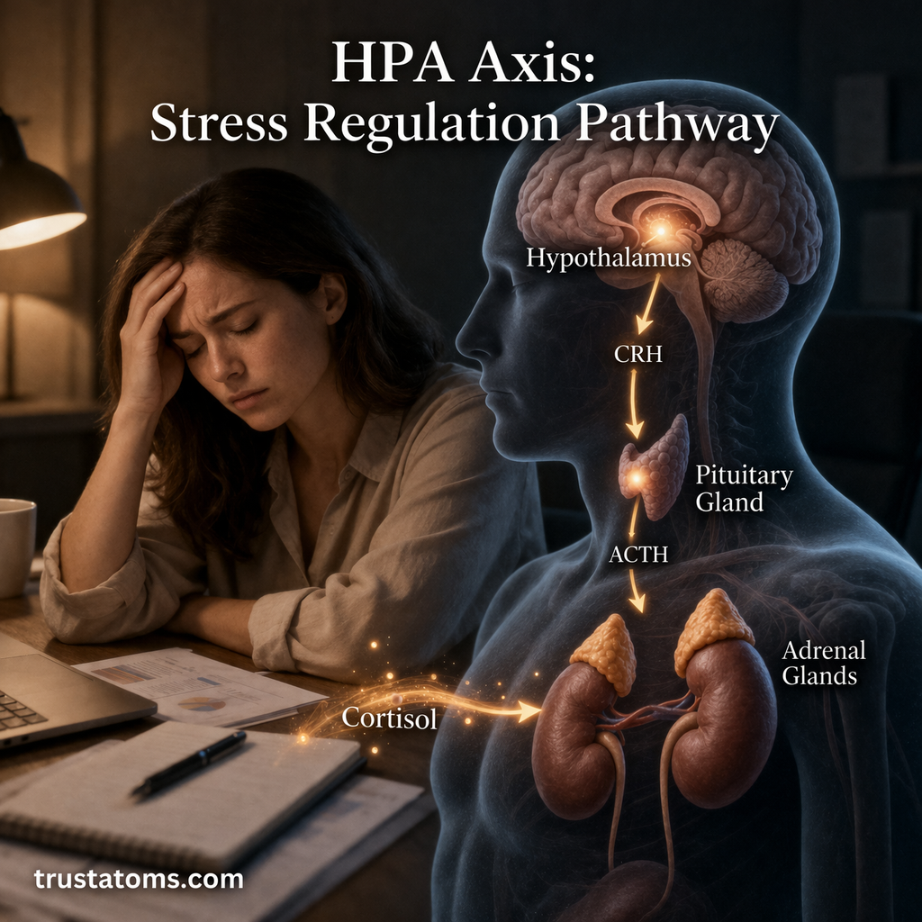 Illustration showing the HPA axis with hypothalamus, pituitary gland, adrenal glands, and cortisol release during stress.