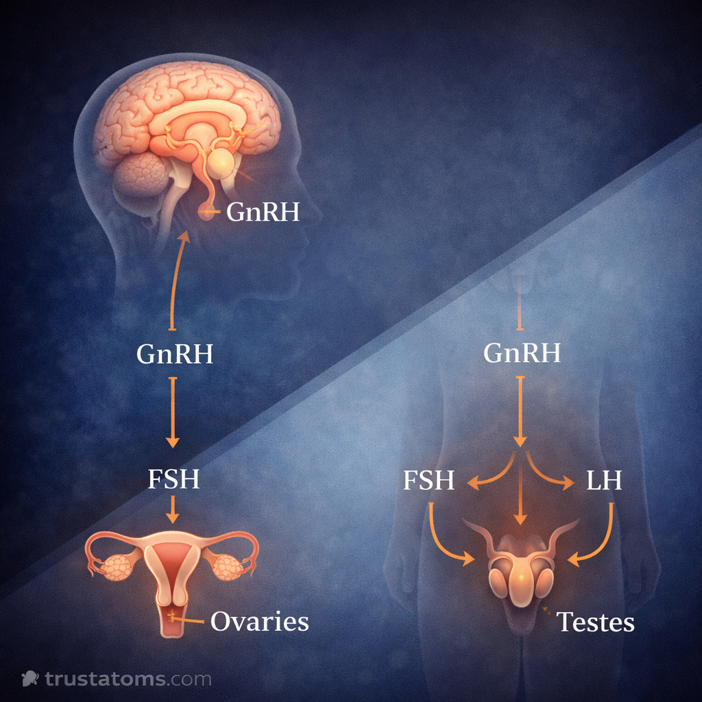 Split diagram showing brain hormone signaling and reproductive organs with GnRH, FSH, and LH pathways in the HPG axis.