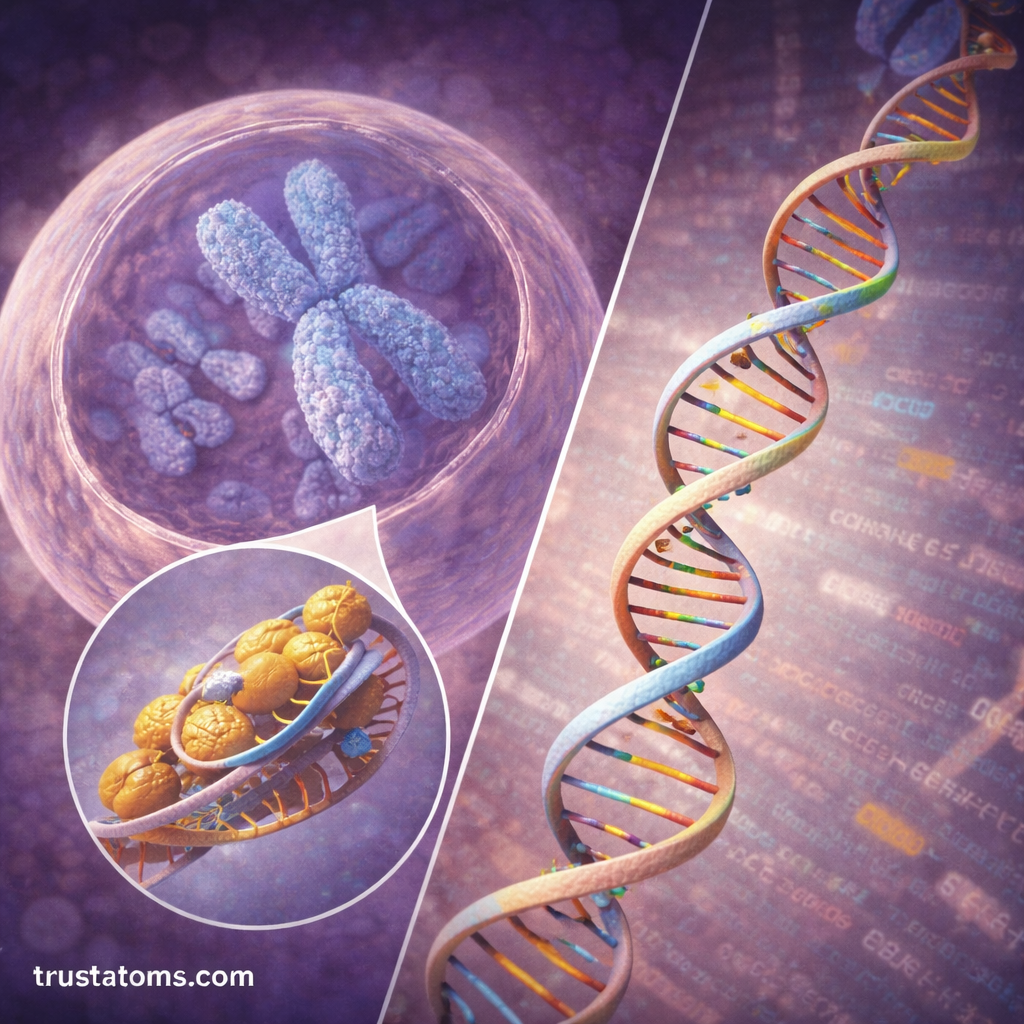 Split diagram showing DNA structure on one side and the human genome represented by chromosome pairs on the other.