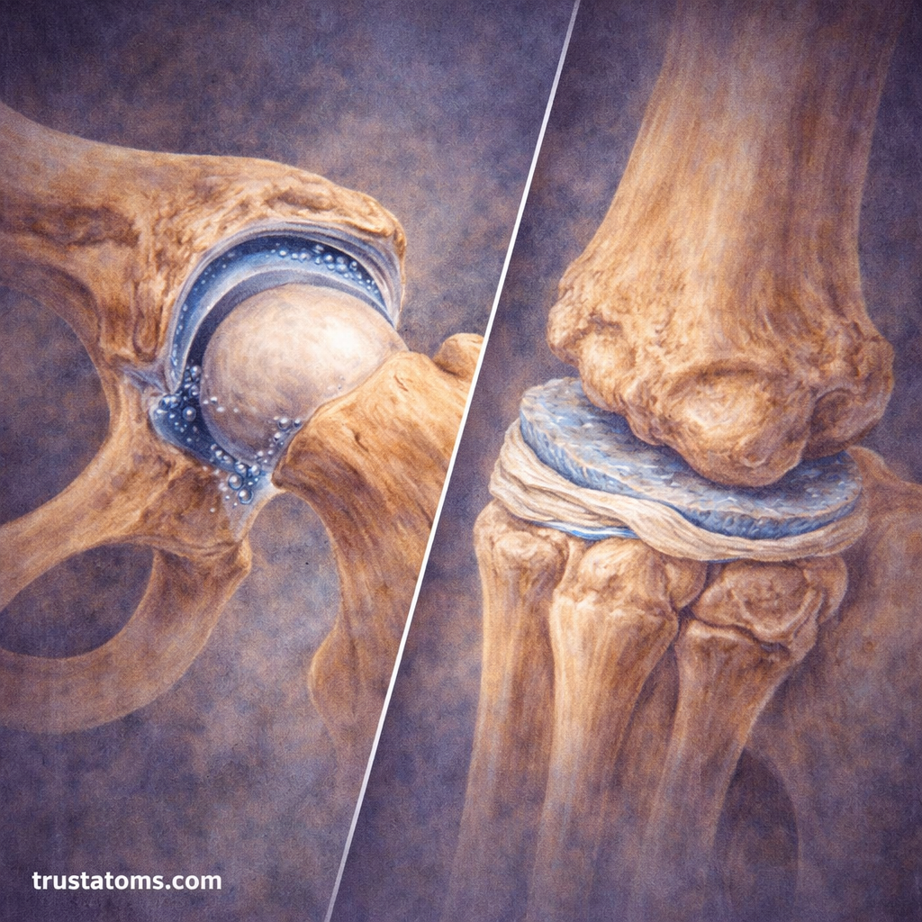 Split illustration comparing hyaline cartilage in a shoulder joint and fibrocartilage in a knee joint for joint support and shock absorption.