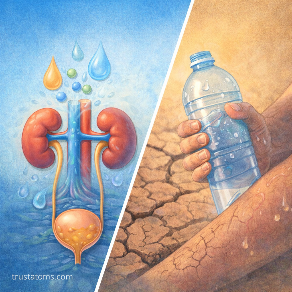 Split illustration showing kidneys regulating fluids on one side and dehydration with dry skin and water bottle on the other.
