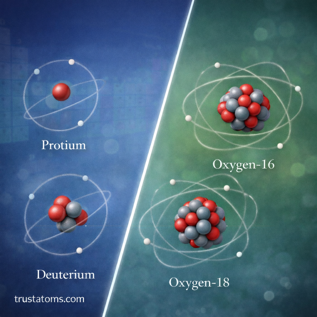 Simple diagram comparing hydrogen isotopes (protium and deuterium) and oxygen isotopes (oxygen-16 and oxygen-18) showing differences in neutron numbers.