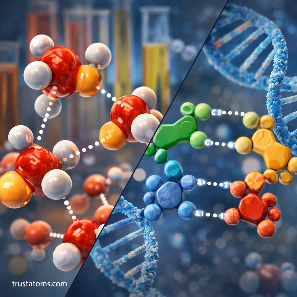 Illustrated diagram showing hydrogen bonding interactions in alcohol molecules and DNA base pairs in a split educational chemistry graphic.
