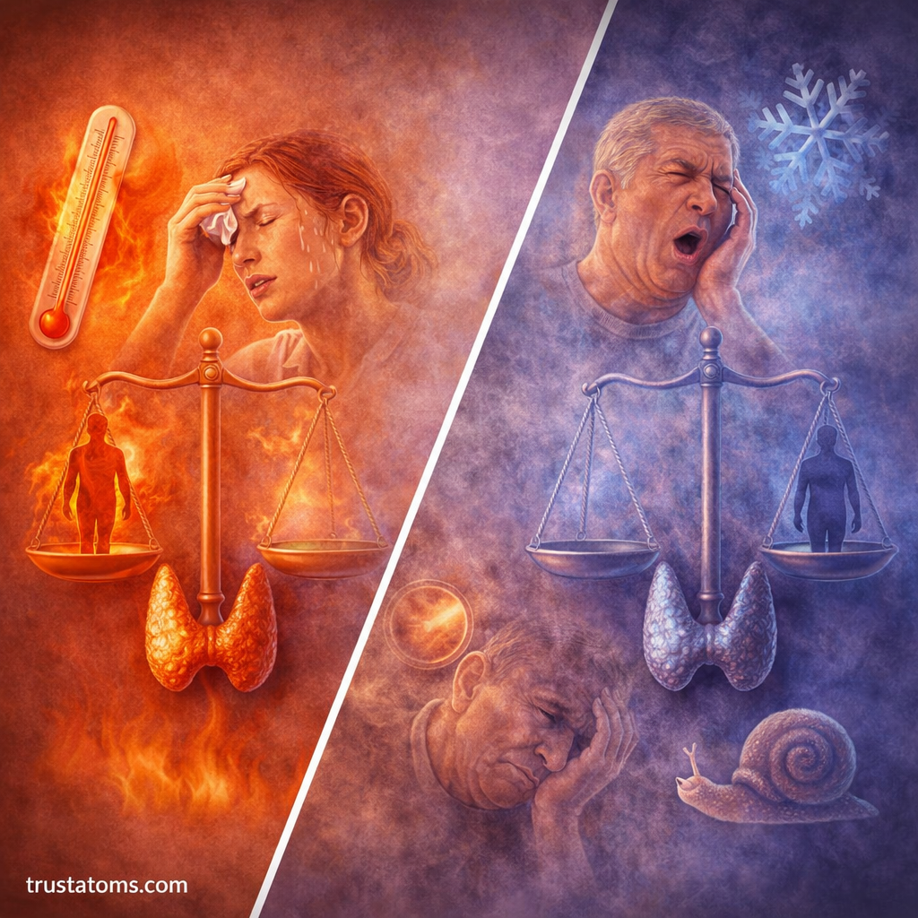 Split illustration showing hyperthyroidism with increased metabolism and hypothyroidism with slowed metabolism and fatigue.