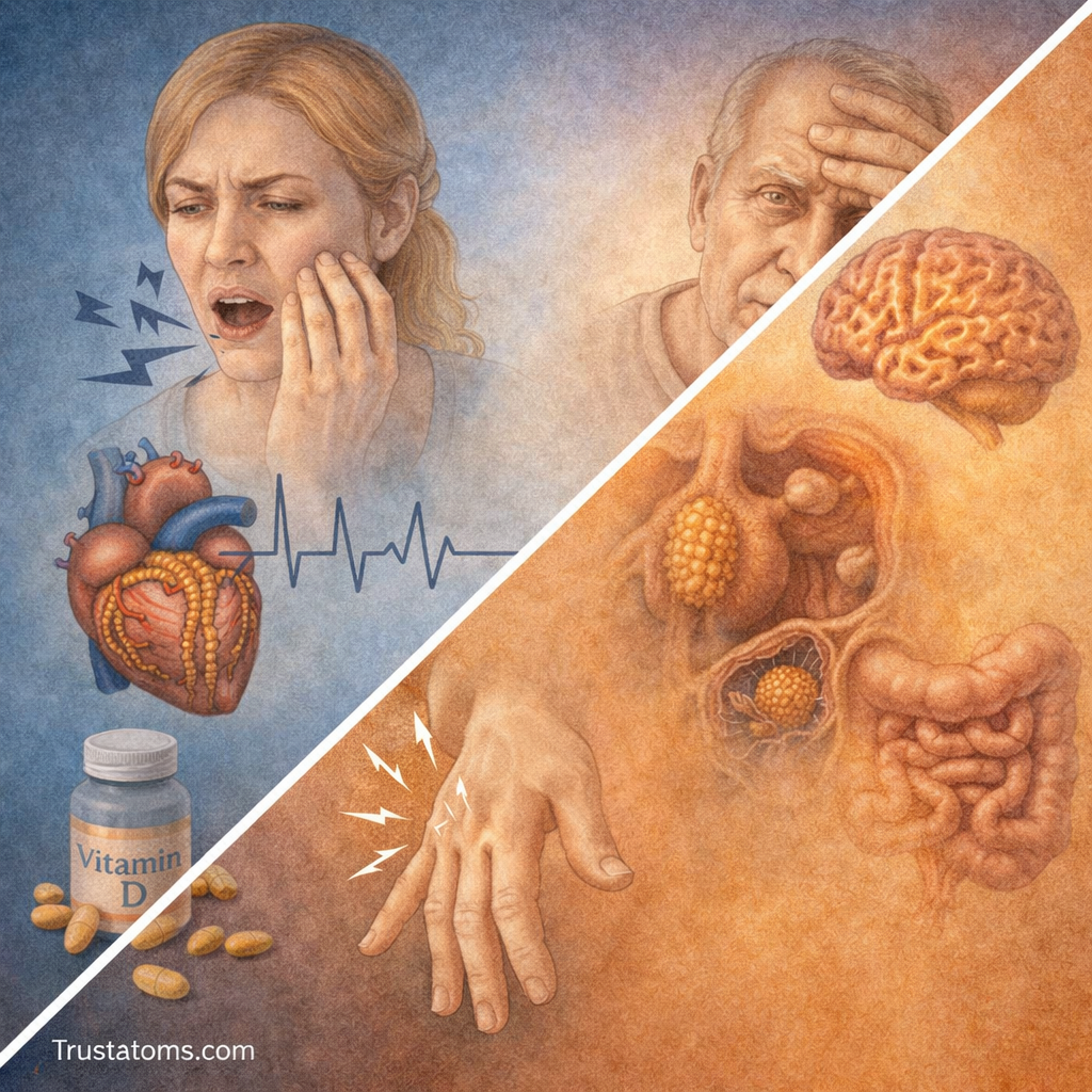 Split illustration showing symptoms of low calcium versus high calcium levels affecting the heart, nerves, and organs.