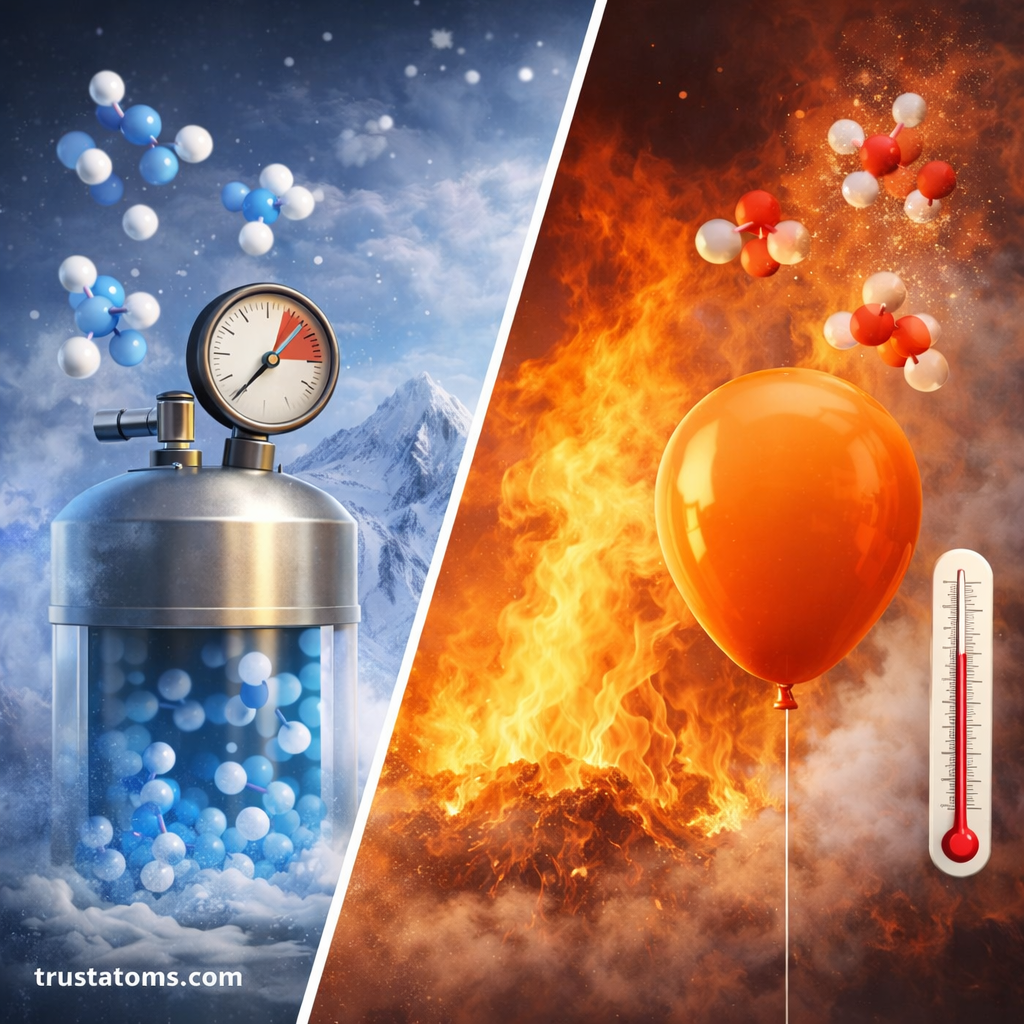 Split illustration showing gas particles compressed in a cold container on one side and expanded in a heated balloon on the other, demonstrating how temperature affects gas volume.