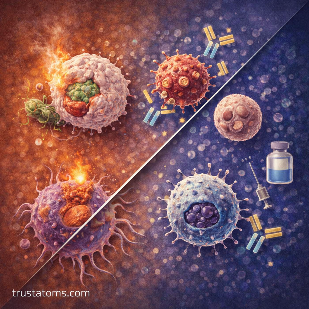 Diagonal split illustration showing immune cells like phagocytes and NK cells on one side and B cells with antibodies on the other.