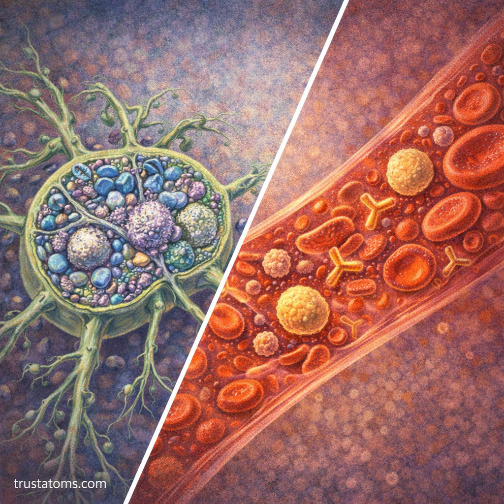 Diagonal split illustration showing a lymph node with immune cells on one side and a blood vessel carrying immune cells and antibodies on the other.