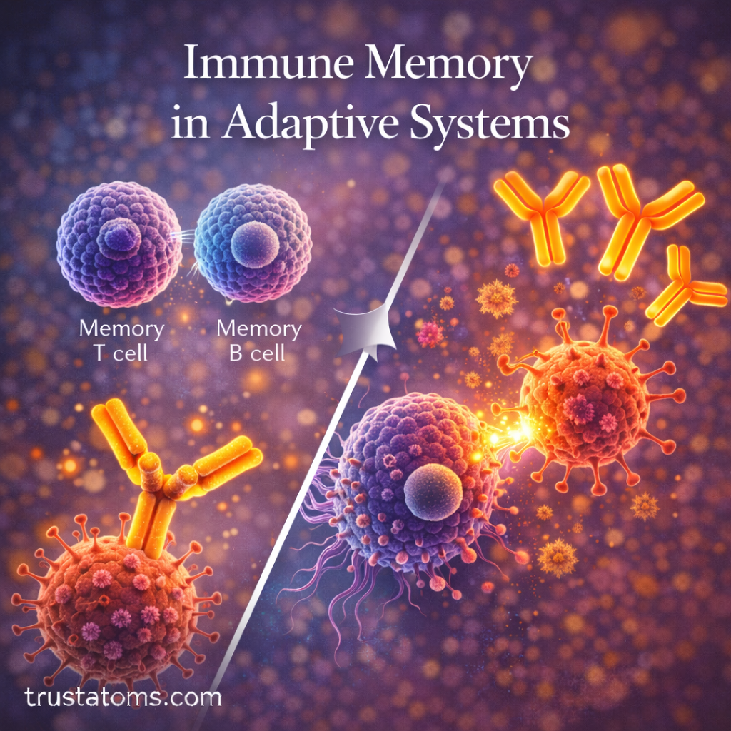 Educational illustration showing immune memory with memory immune cells and antibodies responding quickly to familiar pathogens.