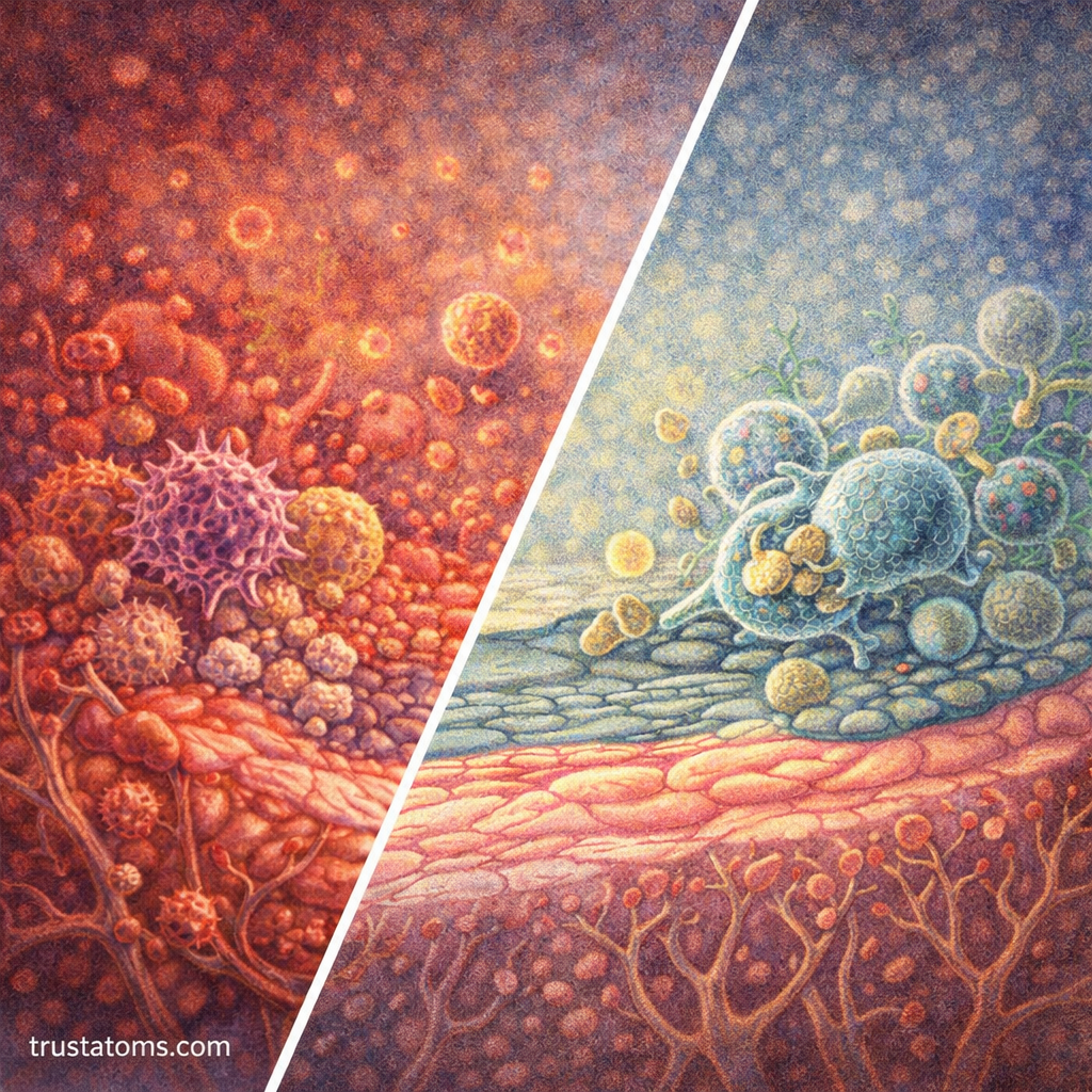 Diagonal split illustration showing active inflammation with immune cells on one side and tissue healing and immune resolution on the other.