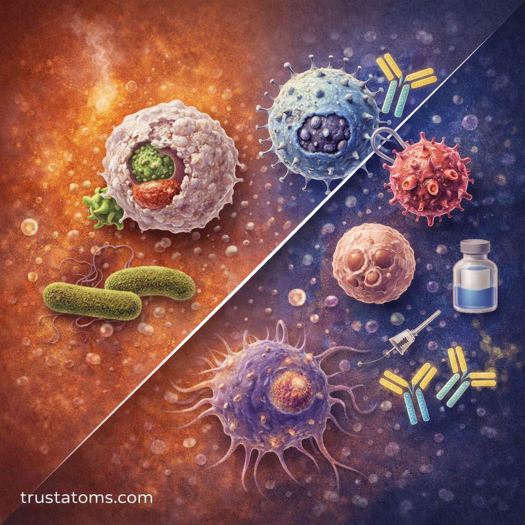 Diagonal split illustration showing innate immune cells attacking bacteria and adaptive immune cells with antibodies targeting viruses.
