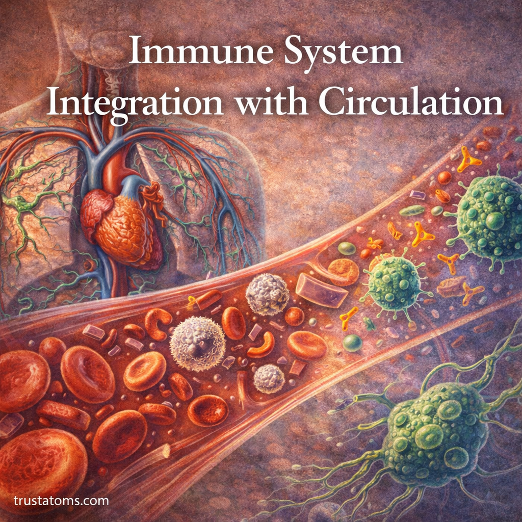 Illustration showing blood vessels carrying immune cells, antibodies, and pathogens to demonstrate immune system integration with circulation.
