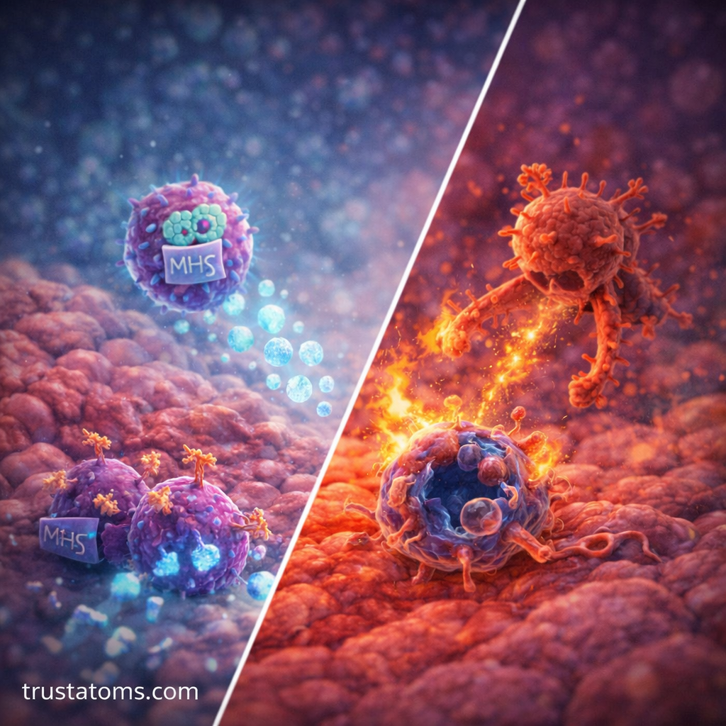 Split illustration showing immune tolerance with normal cell interaction versus autoimmune response attacking healthy tissue.