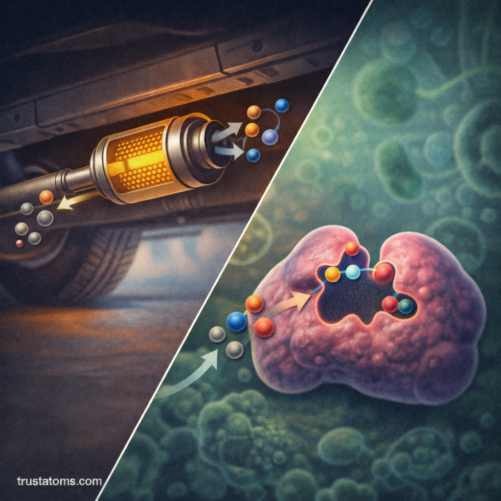 Split illustration showing a vehicle catalytic converter and an enzyme catalyzing a reaction to demonstrate different forms of catalysis.