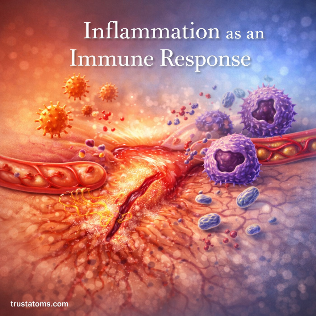 Illustration of inflammation as an immune response showing swollen tissue, immune cells, and increased blood flow at an injury site.