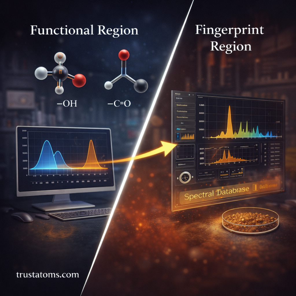 Split illustration showing functional group region and fingerprint region in an infrared spectroscopy spectrum.