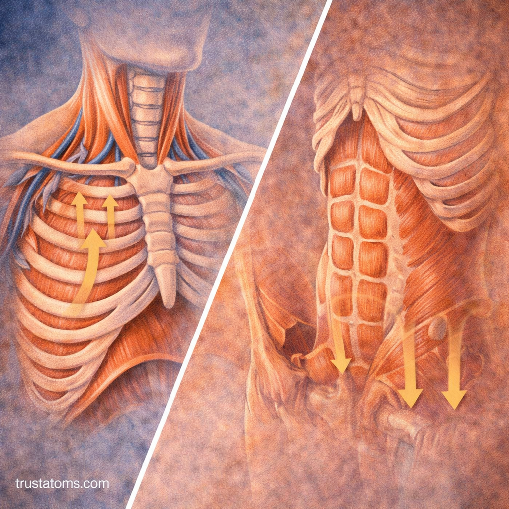 Split diagram showing muscles used in inhalation versus exhalation, including chest, neck, and abdominal muscles.
