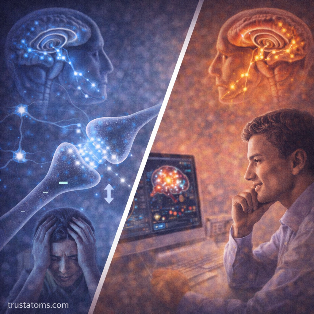 Split illustration showing inhibitory brain activity with a stressed individual and excitatory activity with a focused individual using a computer.