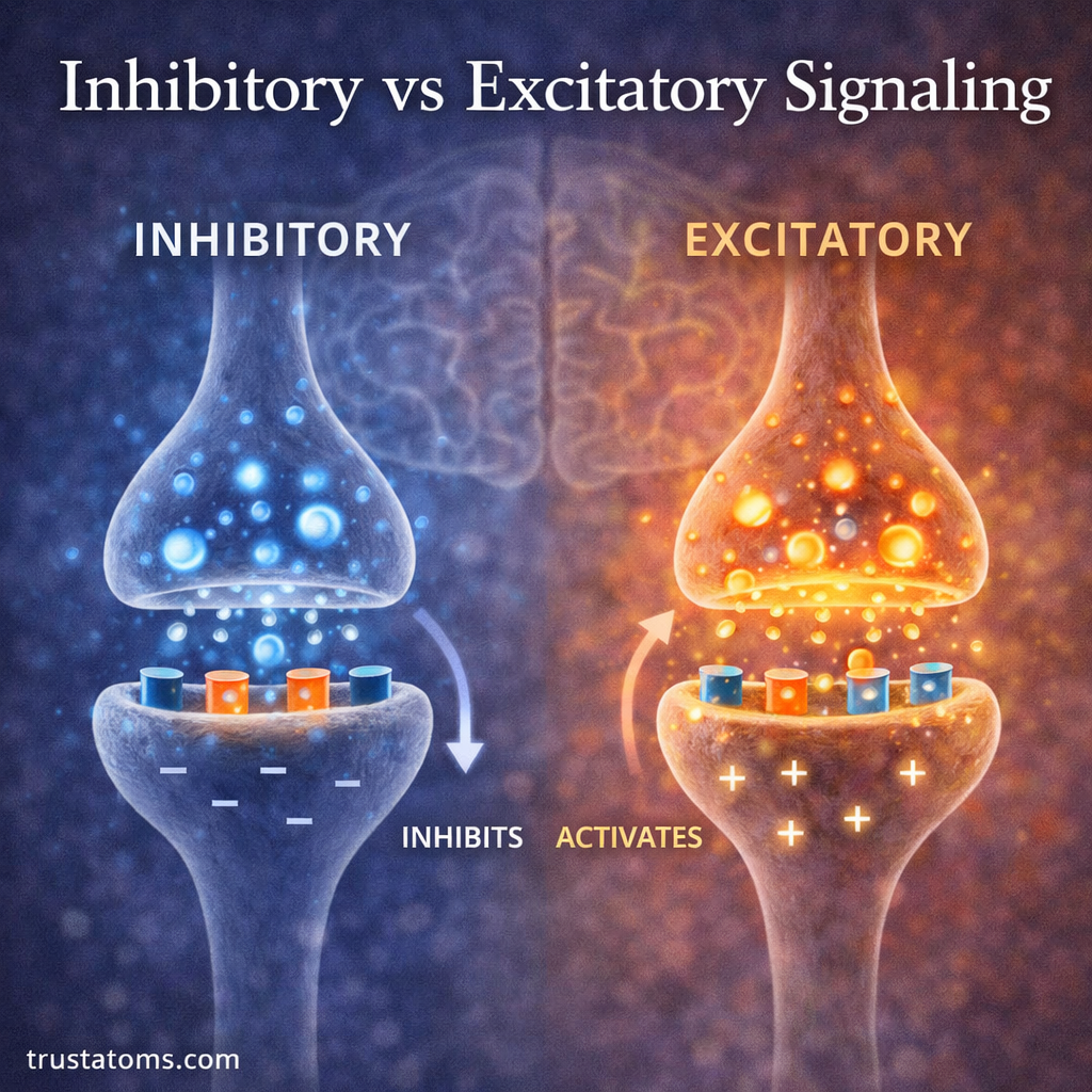 Split illustration comparing inhibitory and excitatory synaptic signaling with blue inhibitory signals and orange excitatory signals in neurons.