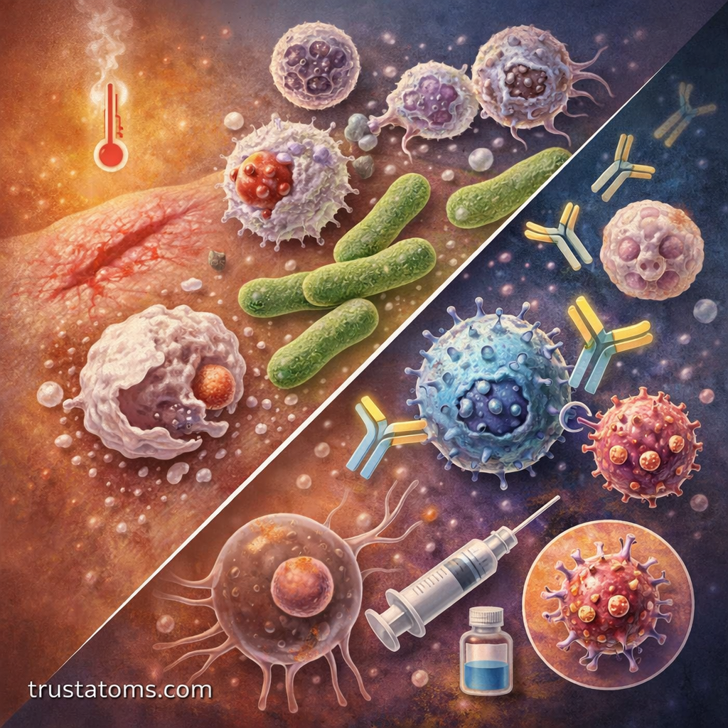 Split diagram showing innate and adaptive immune responses with immune cells, bacteria, antibodies, and infection processes.