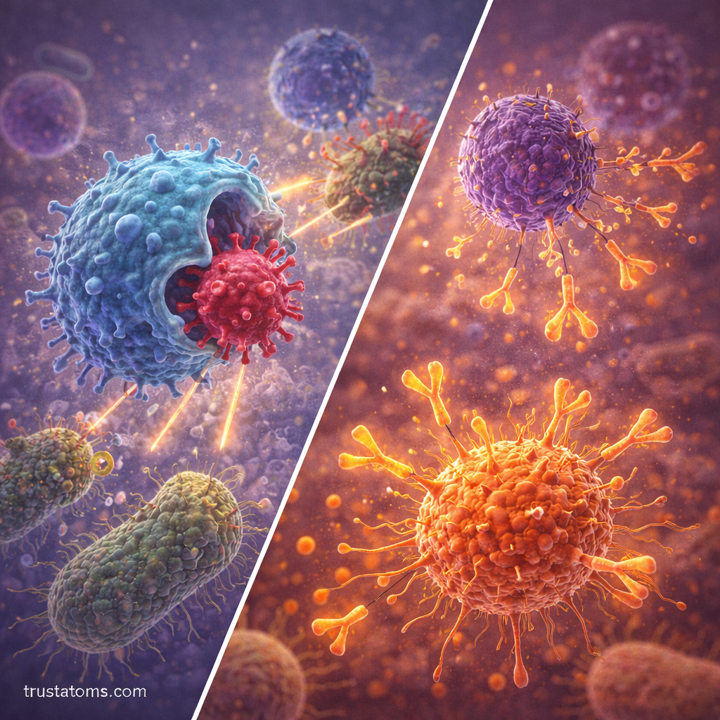 Split diagram illustrating innate immunity with immune cells attacking pathogens and adaptive immunity with antibodies targeting microbes.