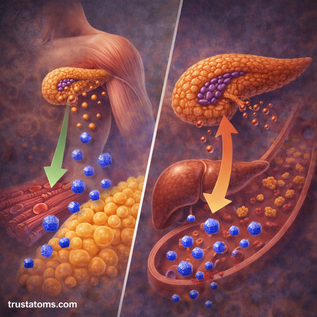 Split illustration showing insulin helping glucose enter cells and glucagon releasing glucose from the liver to maintain blood sugar balance.