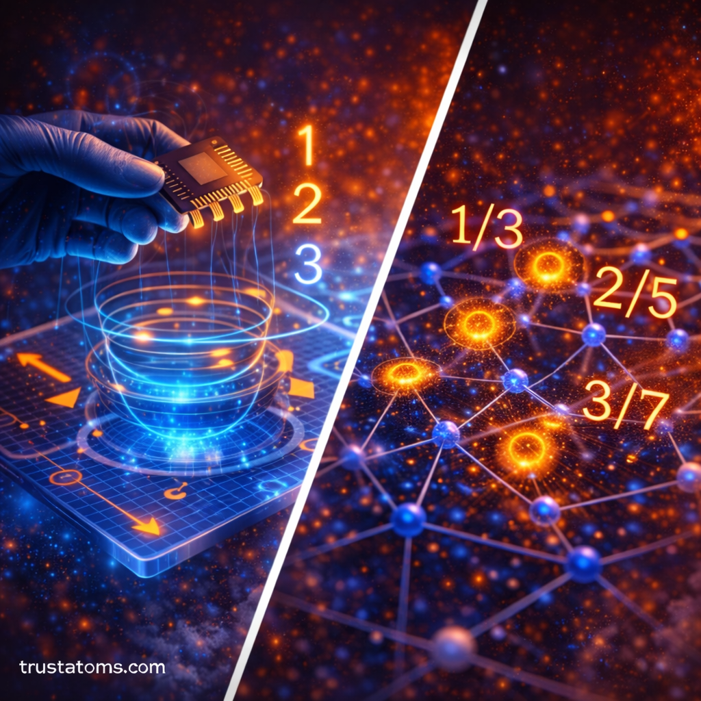 Diagonal split illustration comparing integer and fractional Quantum Hall Effect in two-dimensional systems, showing quantized electron behavior with trustatoms.com watermark.