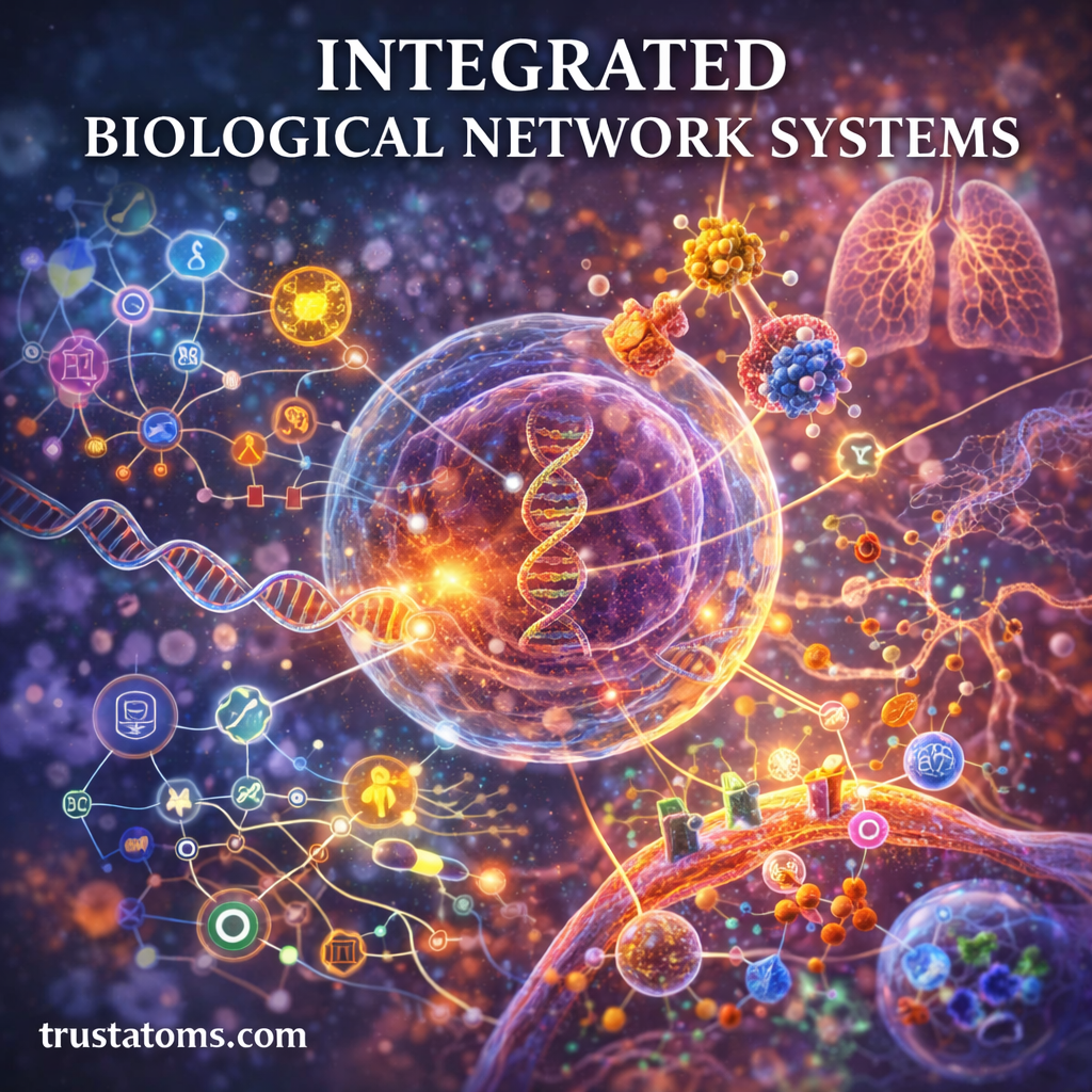 Scientific illustration showing interconnected biological networks including DNA, proteins, signaling pathways, and organs representing integrated biological systems.